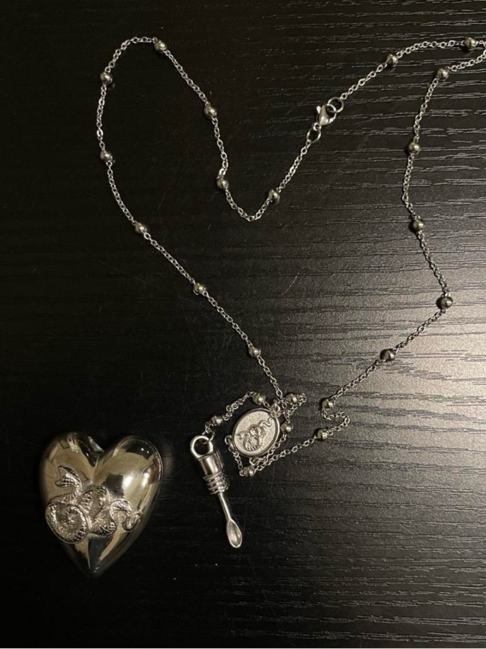 Sterling-Style Silver Heart Locket Necklace with Spoon Charm - Silver